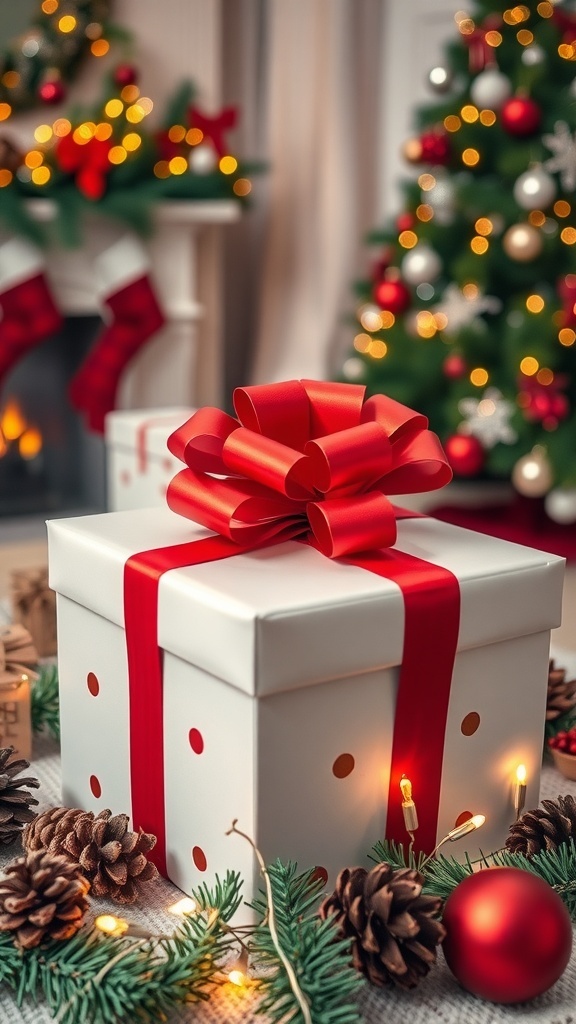 A wrapped Christmas gift box with holiday decorations in a cozy living room.